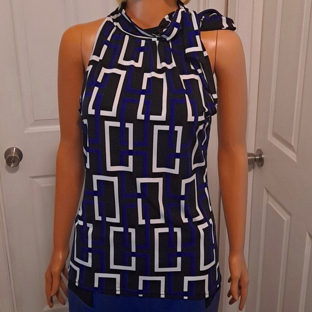 Anne Klein Sleeveless Blue, Black, and White Color Blocking Blouse with Neck Tie